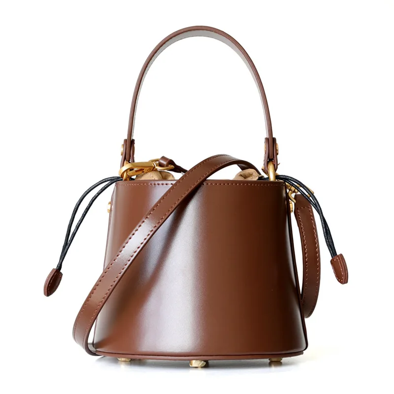 Genuine Leather Cylindra Drawstring Bucket Bag 5