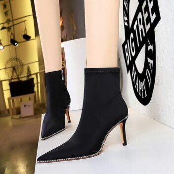 Crystal Embellished Vegan Suede Flock Fur High Heel Boots 1