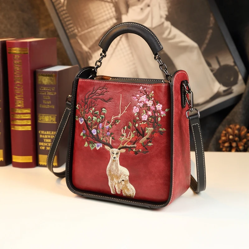 Genuine Leather Floral Deer Top Handle Bag 1