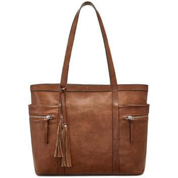 Vegan Leather Multi-Pocket Tote Bag with Tassel 2
