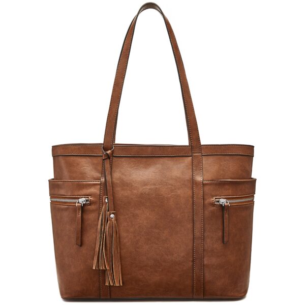Vegan Leather Multi-Pocket Tote Bag with Tassel 2