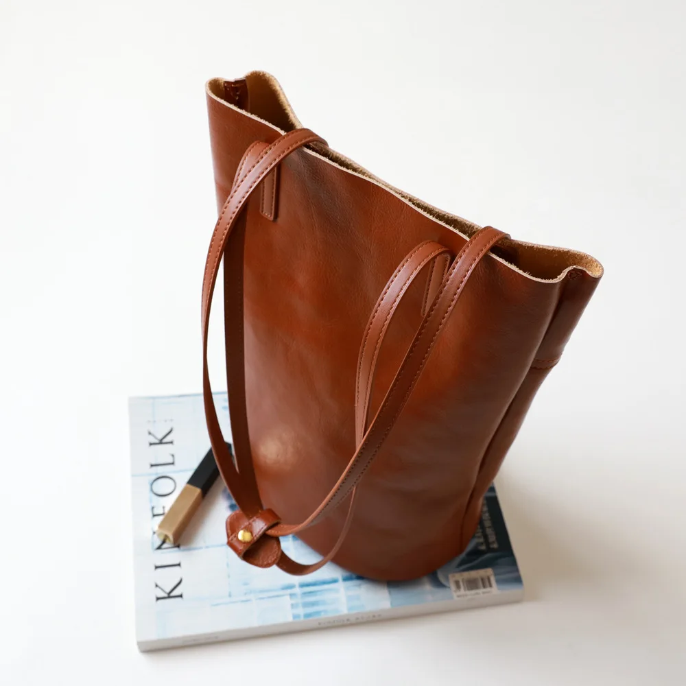 Genuine Leather Large Commuter Bucket Tote 5
