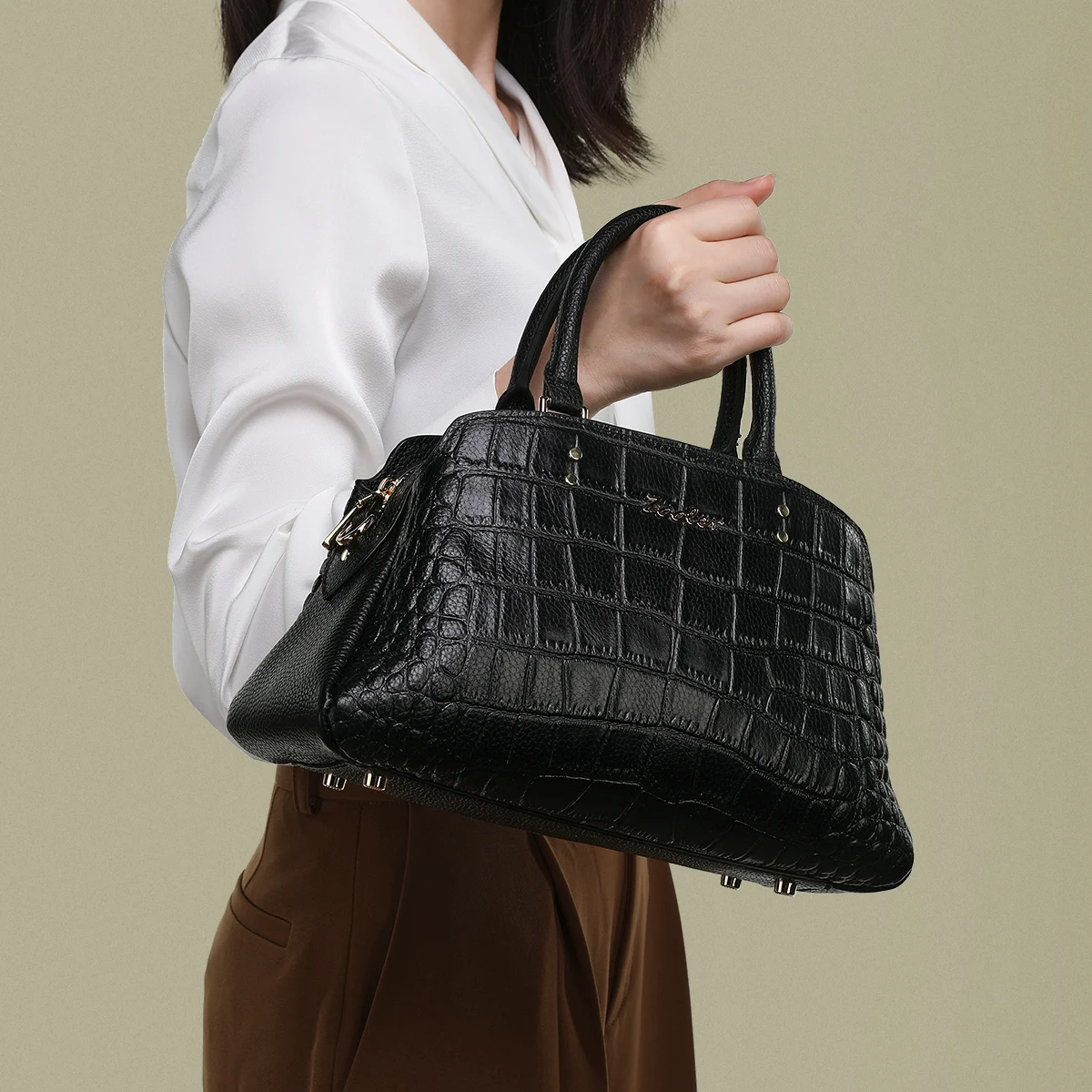 Genuine Leather Croco Charm Top Handle Bag 1