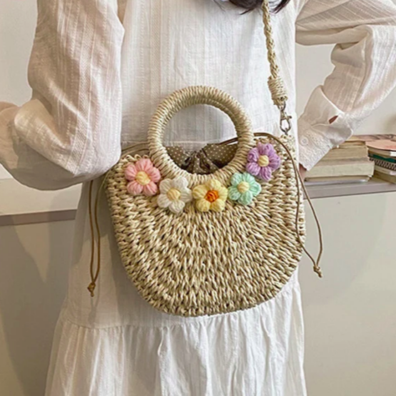 Straw Crochet Flower & Ribbon Bucket Bag 2