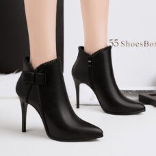Plush Vegan Leather High-Heel Butterfly-Knot Ankle Boots 2