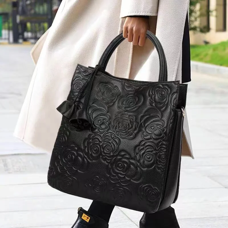 Genuine Leather Blossom Embossed Tote 1