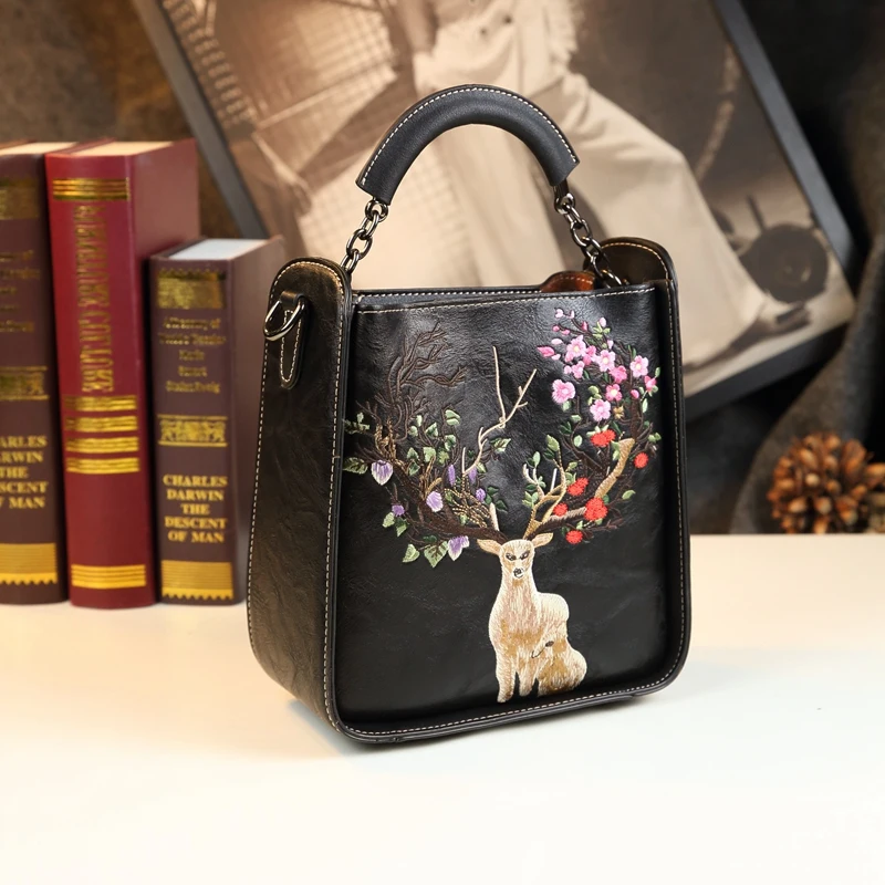 Genuine Leather Floral Deer Top Handle Bag 2