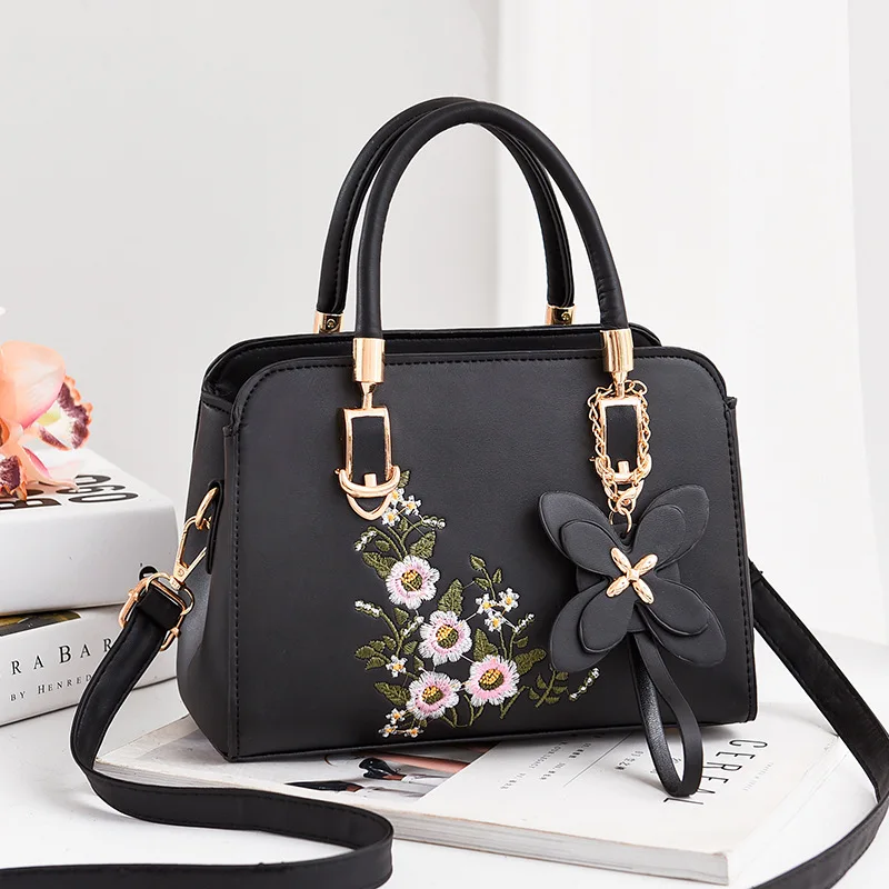 Vegan Leather Embroidered Flower Top-Handle Bag 1