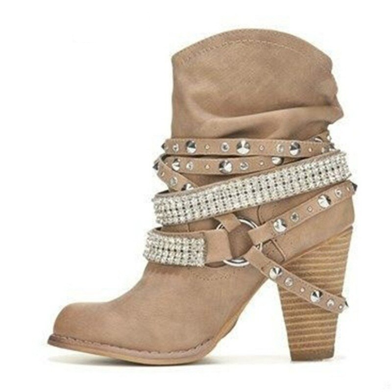 Suede Leather Buckle Ankle Boots - khaki