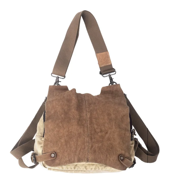 Canvas & Genuine Leather Multi-Functional Flap Bag