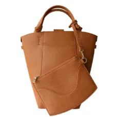 Genuine Leather Top-Handle Bucket Bag with Wrislet 9