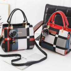 Vegan Leather Plaid Tote bag with Fur-Ball Keychain 2 Vegan Leather Plaid Tote bag with Fur-Ball Keychain 2