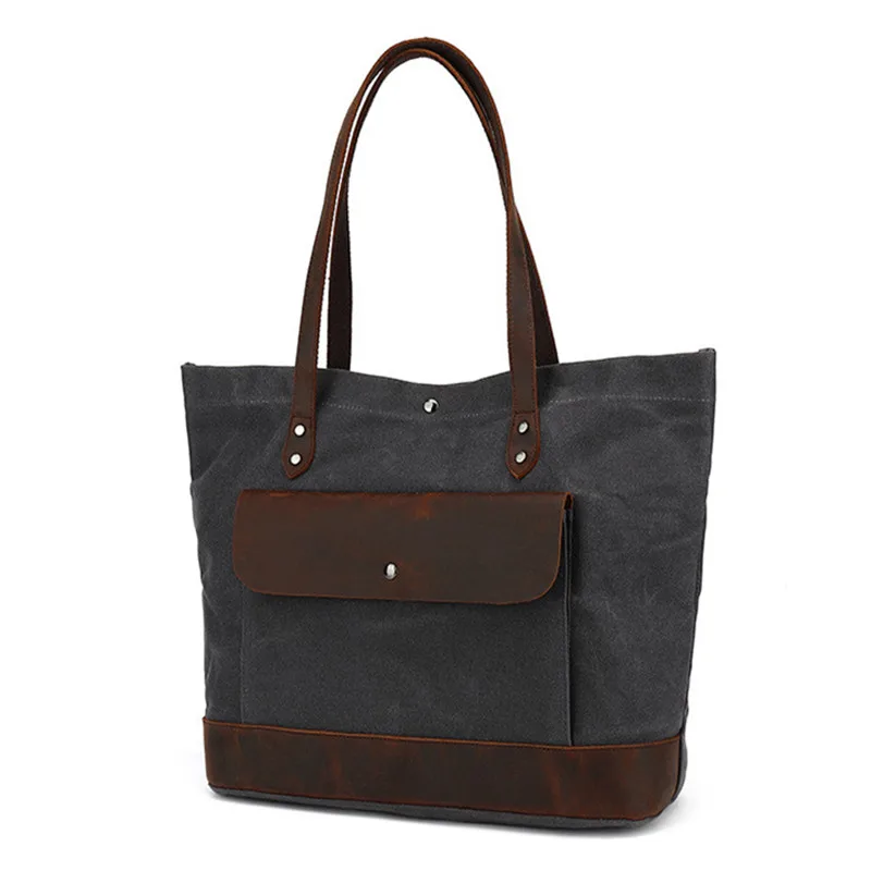 Canvas & Genuine Leather Flap Pocket Tote 1