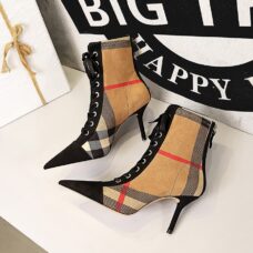 Plaid Patchwork Flock Leather Boots for Women - 8cm Heels, Pointed Toe, Lace-Up Design 2