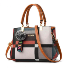 Vegan Leather Plaid Tote bag with Fur-Ball Keychain 1 Vegan Leather Plaid Tote bag with Fur-Ball Keychain 1