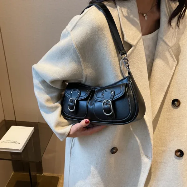 Vegan Leather Belt Flap Pocket Baguette Bag 2