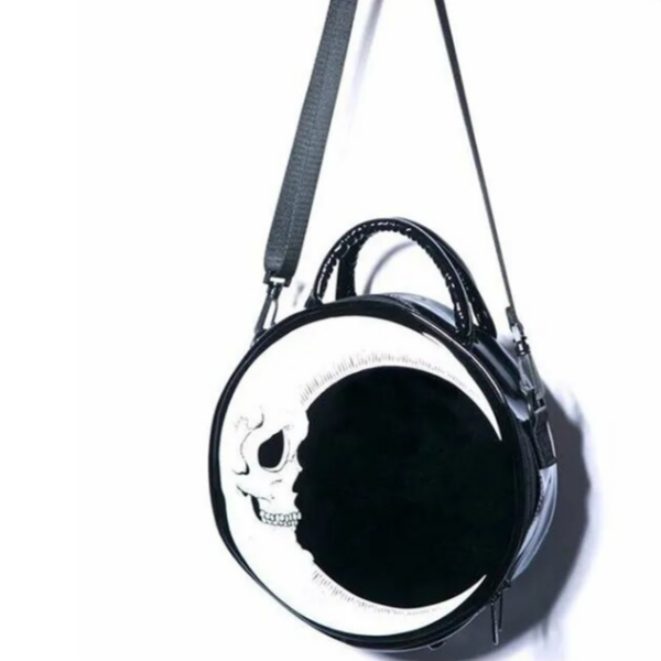 Hard Vegan Leather Zip-Top Dark Moon Skull Bag