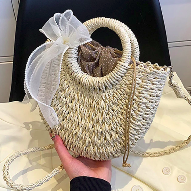 Straw Crochet Flower & Ribbon Bucket Bag 5