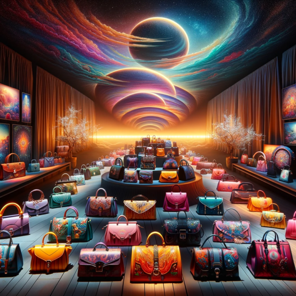 Showcasing a sweeping panorama of handbags in vivid hues and intricate designs. The image captures the electrifying allure and modern fashion sensibility of these majestic treasures.