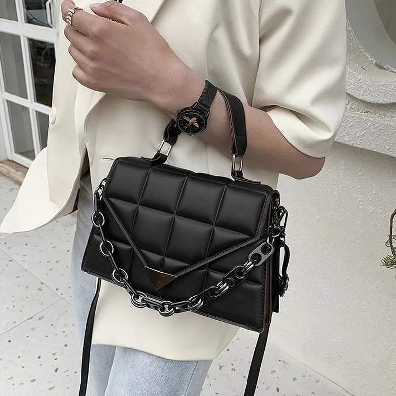 Vegan Leather Quilted Handbag with Bold Chain Strap 5