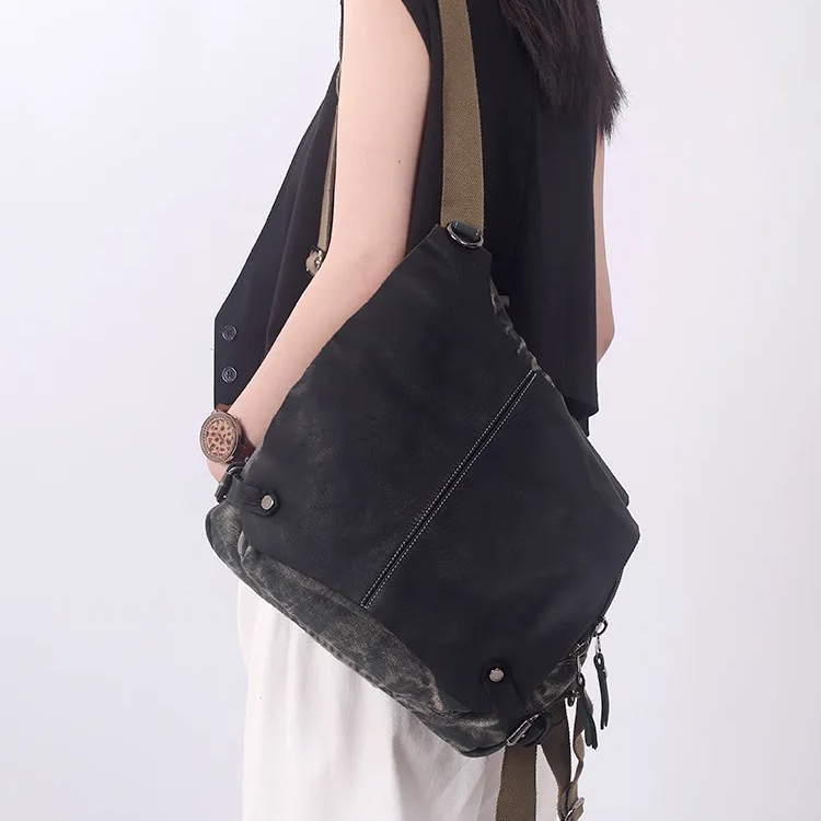 Canvas & Genuine Leather Multi-Functional Flap Bag 4