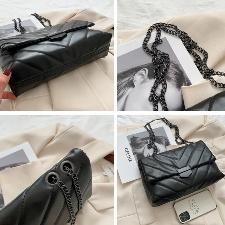 Vegan Leather Quilted Flap with Sleek Chain Strap 6