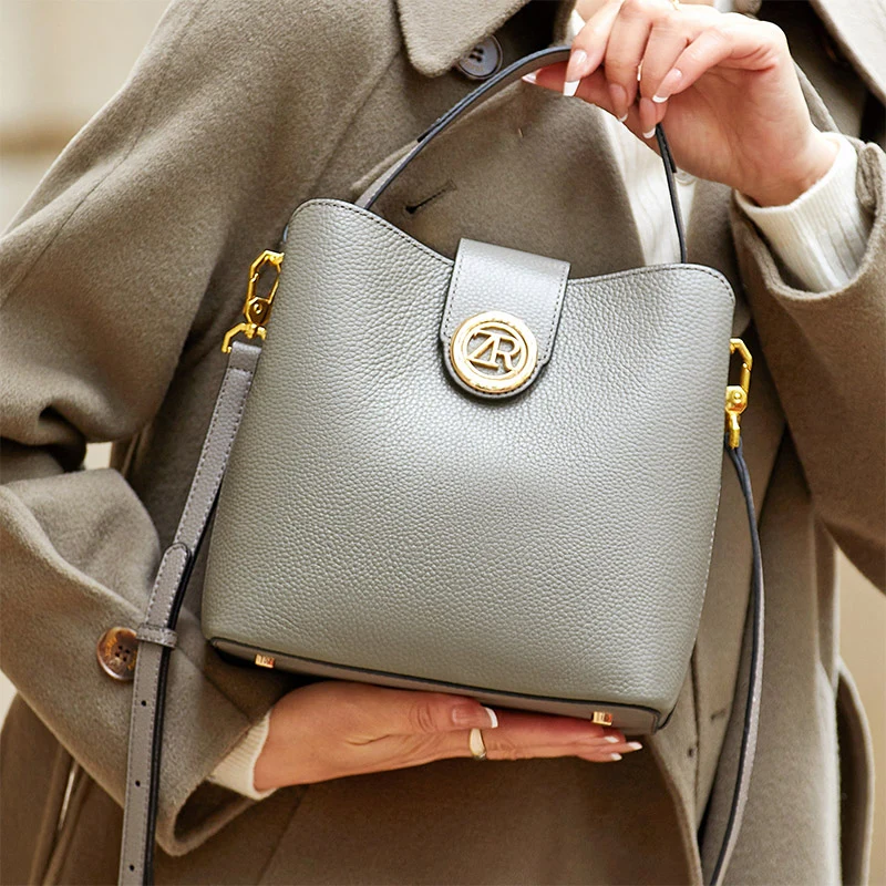Genuine Leather Multi-Pocket Bucket Bag 1