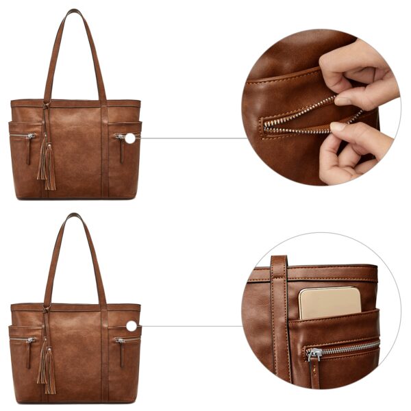Vegan Leather Multi-Pocket Tote Bag with Tassel 4