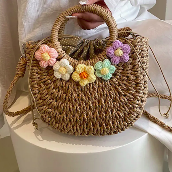 Straw Crochet Flower & Ribbon Bucket Bag 1