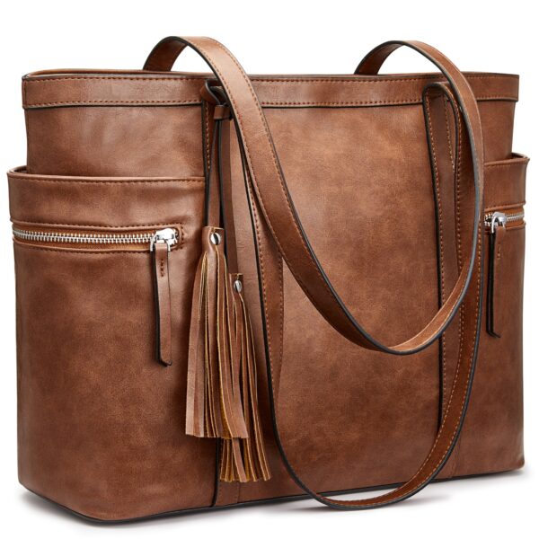 Vegan Leather Multi-Pocket Tote Bag with Tassel 1