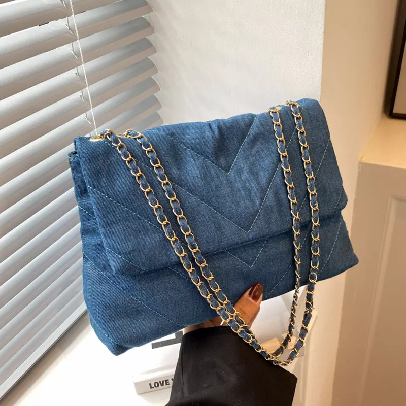 Canvas Stylish Denim Quilt Flap Bag 1