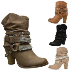 Suede Leather Buckle Ankle Boots - High Heeled Autumn/Winter Casual Boots for Women 4