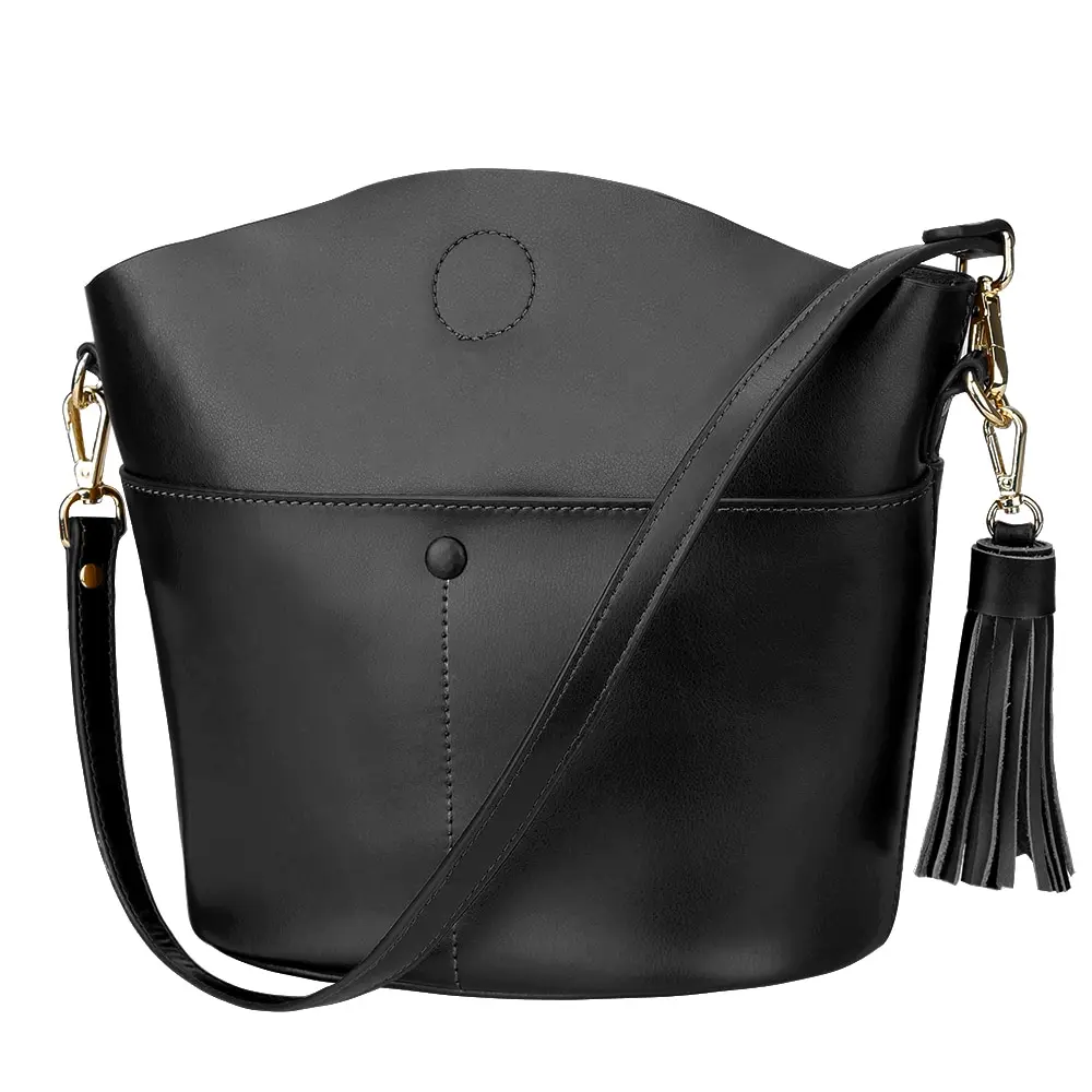 Small Genuine Leather Crossbody Bucket Bag with Shoulder strap 1