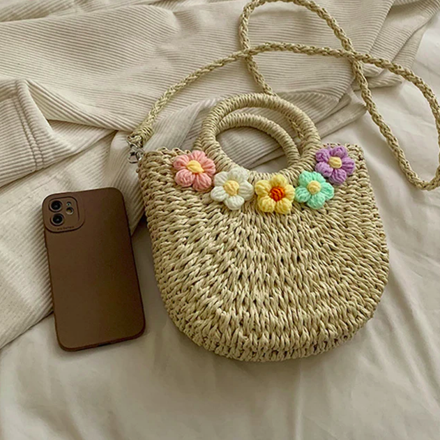 Straw Crochet Flower & Ribbon Bucket Bag 4