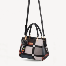 Vegan Leather Plaid Tote bag with Fur-Ball Keychain 3 Vegan Leather Plaid Tote bag with Fur-Ball Keychain 3