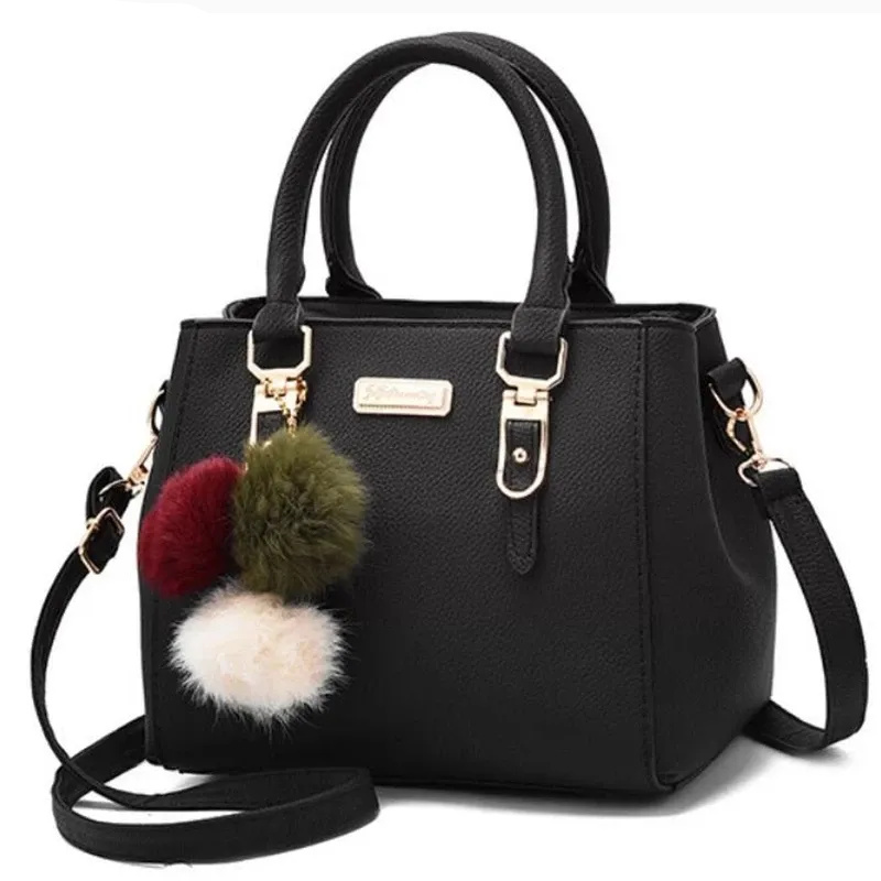 Vegan Leather Classic Charm Tote with Fur Balls