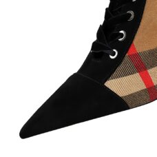 Plaid Patchwork Flock Leather Boots for Women - 8cm Heels, Pointed Toe, Lace-Up Design 5