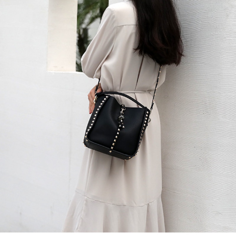 Luxurious Genuine Leather Rivet Bucket Bag for Women 6