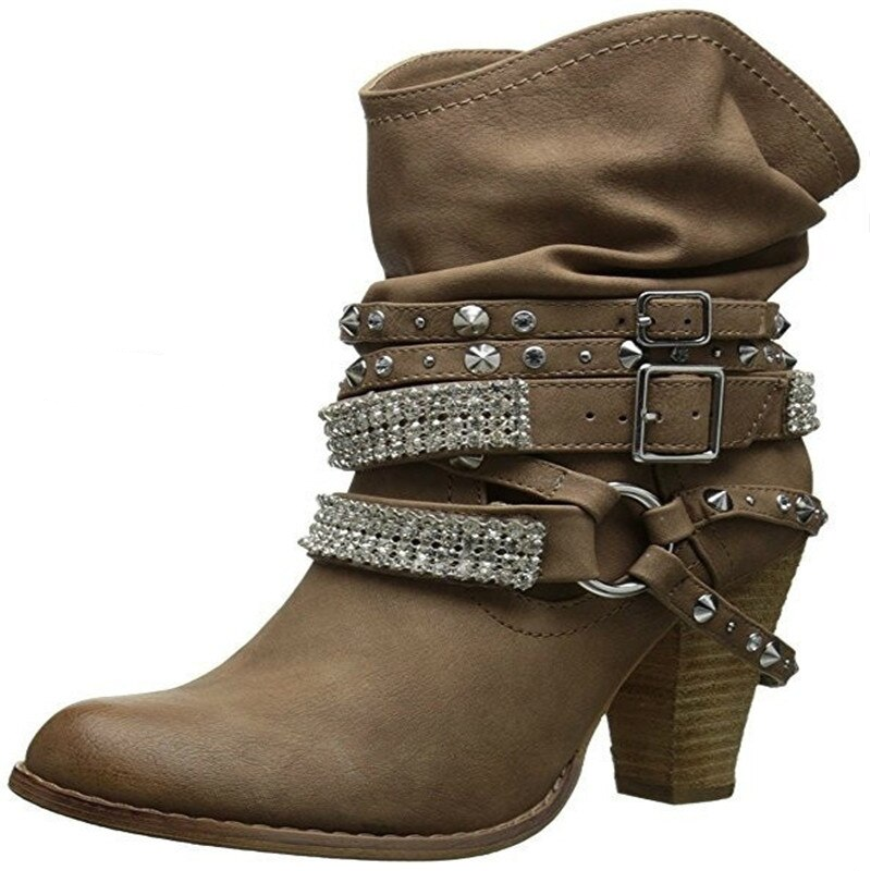 Suede Leather Buckle Ankle Boots - coffee