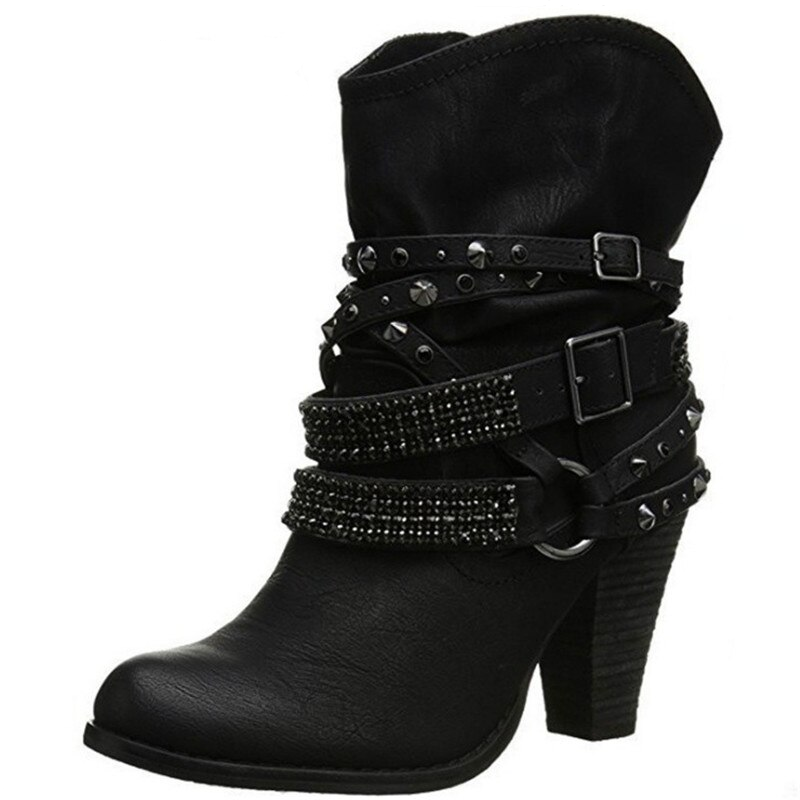 Suede Leather Buckle Ankle Boots - black