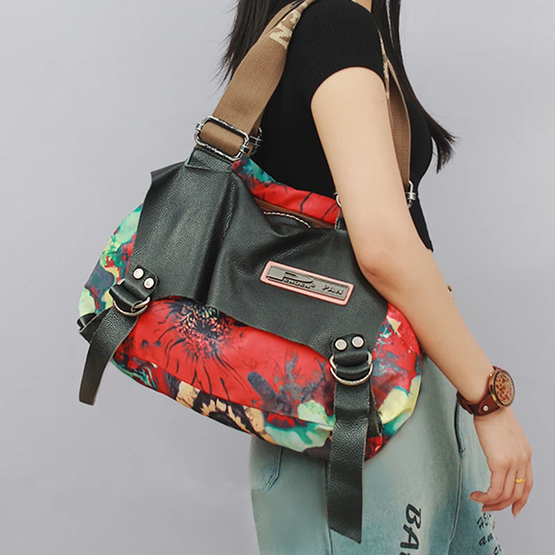 Canvas & Genuine Leather Flower Print Flap Bag 3