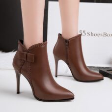 Plush Vegan Leather High-Heel Butterfly-Knot Ankle Boots 1