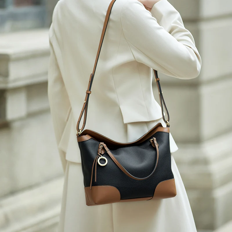 Genuine Leather Two Tone Top-Handle Flap Bag 3