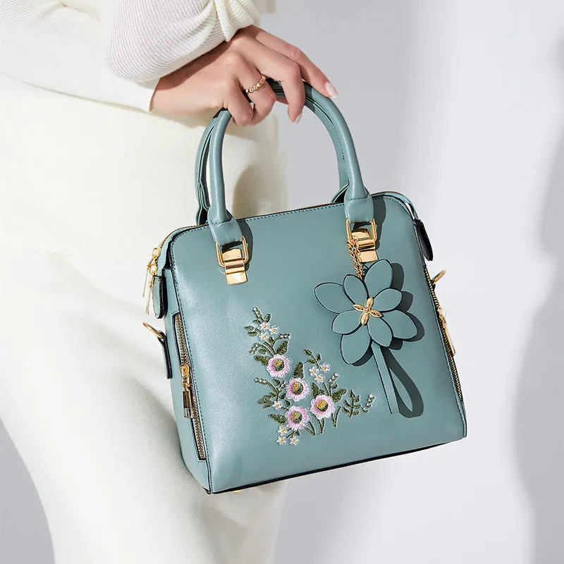 Vegan Leather Flower Embroidered Tote 1