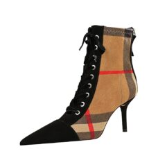 Plaid Patchwork Flock Leather Boots for Women - 8cm Heels, Pointed Toe, Lace-Up Design 3