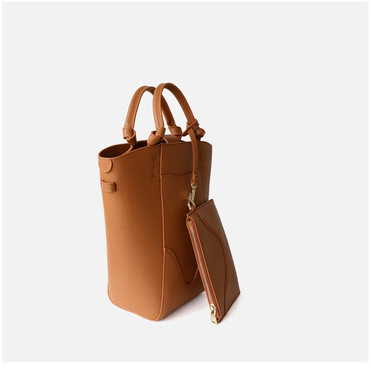 Genuine Leather Top-Handle Bucket Bag with Wrislet 4