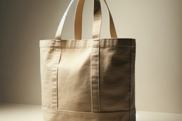 A canvas tote bag, showcasing its durable and casual design. The tote features a sturdy, thick canvas material in a natural beige color