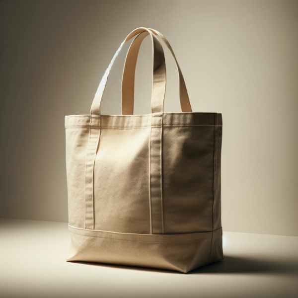 A canvas tote bag, showcasing its durable and casual design. The tote features a sturdy, thick canvas material in a natural beige color