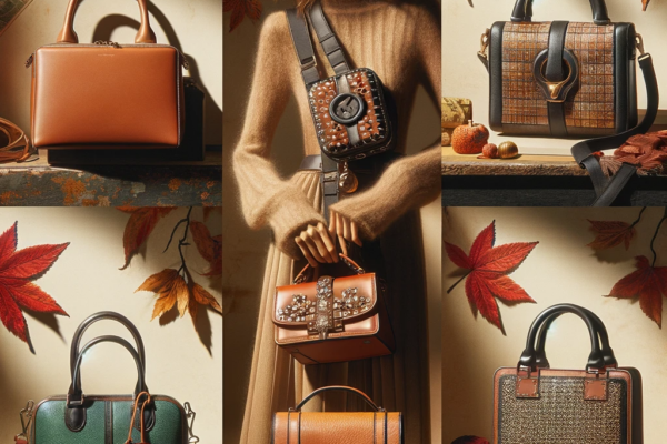 A collage of handbags showcasing Fall 2023 trends, including a minimalist leather shoulder bag, a compact and embellished cross-body bag.