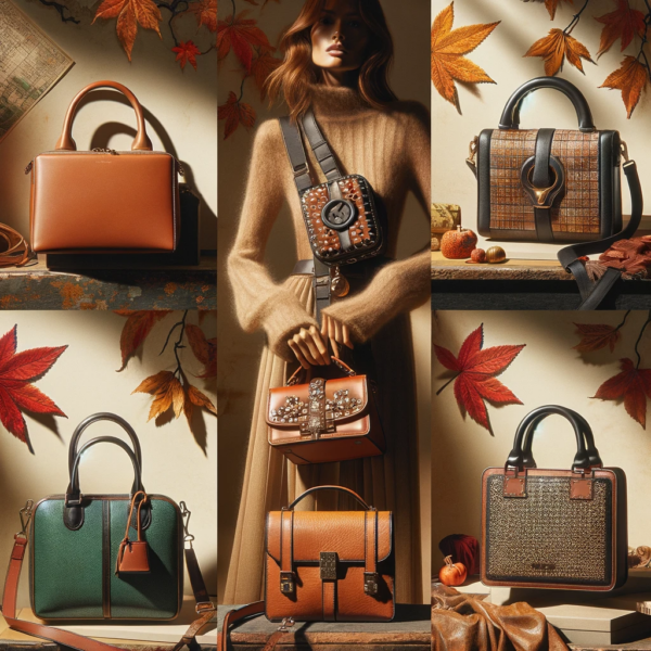 A collage of handbags showcasing Fall 2023 trends, including a minimalist leather shoulder bag, a compact and embellished cross-body bag.